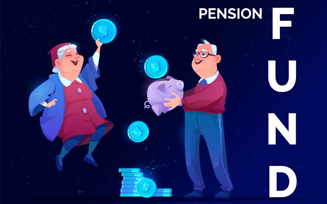Pension fund savings. Elderly man with money piggy bank and old woman holding huge coin in hand rejoice to get superannuation. Senior grandparents retirement future safety Cartoon vector illustration